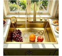 OMGMTSTORE Évier de cuisine 75x50cm en cascade, évier de cuisine doré, grand bac à vaisselle 1 bac, évier en cascade avec robinet coulissant, distributeur de savon, lave-tasses, passoire, planche à
