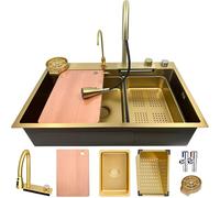 OMGMTSTORE Évier de cuisine à cascade 80x50 cm, Évier de cuisine doré, Grand bac à évier 1 bac, Évier à cascade avec robinet escamotable, distributeur de savon, lave-tasses, passoire, planche à