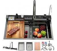 OMGMTSTORE Évier de cuisine cascade 75 x 45 cm - 1 bac en acier inoxydable - Grand évier de cuisine moderne - Noir anthracite - Avec robinet, siphon et trop-plein