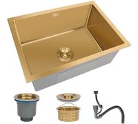 OMGMTSTORE Évier de cuisine en acier inoxydable 55 x 40 cm, petit évier de bar, brossé, doré, avec filtre de vidange et kit de trop-plein, montage flexible