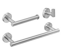Omgoods - Ensemble d'accessoires de salle de bain - 3 pièces - Fixation murale - Acier inoxydable - Nickel brossé - Inclut un porte-serviettes, un porte-rouleau de papier toilette et un crochet - Ense