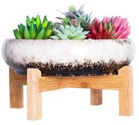 Omgoods - Grand pot en céramique blanche pour bonsaï, avec support - 10 pouces, idéal pour l'intérieur et l'extérieur