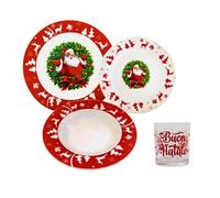 Omniacasa Lot de 48 Assiettes et Verres de Noël | 36 Assiettes en Porcelaine et 12 Verres pour 12 Personnes | Motif Père Noël, Guirlande, Paysage, Renne et Arbre