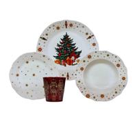 Omniacasa Service de Vaisselle de Noël en Porcelaine pour 6 Personnes avec Verres : 24 Pièces, Décorations avec Sapin de Noël Casse-Noix et Étoiles, Rouge et Blanc, Compatible Lave-Vaisselle et