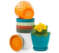 Omtofo Pot de Fleur Interieur Plastique 12.5 cm avec Soucoupe Lot de 6, Pots de Fleurs Ronds avec Trous de Drainage Multiples pour La Cuisine, Le Balcon, Les Plantes de Jardin
