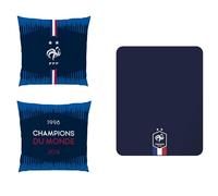 OMYDREAM Ensemble Plaid et Coussin FFF Hexagone | 100% Polyester | Oeko-Tex | Plaid 110x140 + Coussin 40x40cm | Imprimé Sport | Bleu