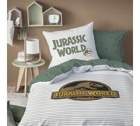 OMYDREAM Jurassic World Empreinte Parure de Lit Enfant | 100% Coton | Oeko-TEX | Housse de Couette 140x200 cm + Taie d'oreiller 63x63 cm | Imprimé Réversible | Garçon (Blanc)