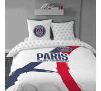 OMYDREAM PSG Tour Parure de lit Adulte 2 Personnes | 100% Coton | Oeko-TEX | Housse de Couette + 2 Taies d'oreiller | Imprimé Réversible (Blanc, 240x220+2x63x63cm)