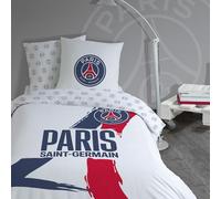 OMYDREAM PSG Tour Parure de lit Enfant 1 Place | Chambre Enfant | 100% Coton | Oeko-TEX | Housse de Couette + Taie(s) d'oreiller cm | Imprimé Réversible (Blanc, 140x200+63x63cm)