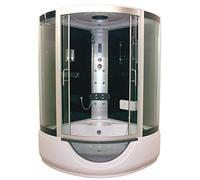 ONDÉE - Cabine hydromassante FARO - Bain douche complet - Accès d'angle à portes coulissantes verre trempé - 136x136x230cm - 10 buses hydromassantes carrées - Etagères et Radio FM - Profilés Gris
