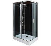 ONDÉE - Cabine hydromassante SELIA - Montage sans silicone - Accès d'angle à portes coulissantes verre trempé - 6 buses hydromassantes carrées - Barre de douche col de cygne - 110x80x228cm