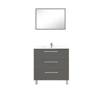 ONDÉE - Meuble à Poser Collection Pallas - Moderne et Pratique - Plan céramique Simple Vasque Extra-Plat 18mm - 3 Tiroirs à Fermeture Progressive - Miroir Assorti Inclus - Largeur 80cm - mélaminé Gris