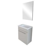 ONDÉE - Meuble Lave-Mains à Suspendre Collection Nino - Compact - Choix de Couleurs - Plan résine sans trop Plein - 1 Porte- étagère repositionnable - Miroir Inclus - Largeur 44cm - laqué Taupe