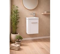 ONDÉE Meuble Lave-Mains à Suspendre Collection Sam Finition laqué Blanc | Plan résine sans trop Plein, 1 Porte, Installation réversible, Poignée métallique Porte-Serviette, simple rapide, soignée
