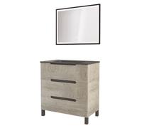 ONDÉE Meuble Salle de Bain à Poser 80 cm avec Plan Vasque en résine Alaska | Tiroirs à Fermeture ralentie, Fabrication européenne, Miroir LED rectangulaire Noir, modèle, Installation simple et rapide