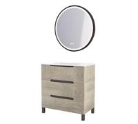 ONDÉE - Meuble Salle de Bain à Poser 80 cm avec Vasque céramique - Miroir LED Rond Noir - 3 tiroirs à Fermeture ralentie - livré en Kit - Fabrication européenne - 80 cm - Bois Nordic - Modèle Alaska