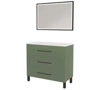 ONDÉE - Meuble Salle de Bain à Poser Monaco - 3 Tiroirs Fermeture Progressive Organisateur Intégré - Plan Vasque Céramique - Miroir LED Rectangulaire Selena - 90 cm - Vert Sauge