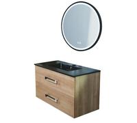 ONDÉE - Meuble Salle de Bain Suspendu - Plan en résine Noire Mate - 1 Vasque - 2 tiroirs à Fermeture Progressive - Miroir éclairant Alexine - Fabriqué en Europe - 90 cm - Bois Miel - Modèle LENCA