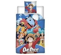 Parure de Lit One Piece - Housse de Couette 140x200 cm + Taie d'Oreiller 65x65 cm - Design Réversible Équipage du Chapeau de Paille avec Luffy, Zoro, Nami - 52% Coton / 48% Polyester - Licence Officie
