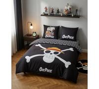 One Piece Parure de Lit 240x220 - Housse de Couette Réversible + 2 Taies 63x63 + Drap-Housse 140x200 - Set 4 Pièces Complet - Jolly Roger - Produit Officiel One Piece - Microfibre Oeko-TEX® - Lit 140