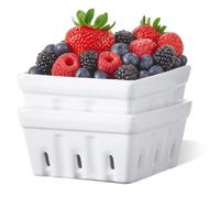 ONEMORE Berry Basket Lot de 2 bols à fruits carrés en céramique avec trous pour réfrigérateur - Corbeille à fruits pour décoration de cuisine - Blanc - 14,7 cm
