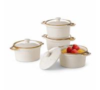 ONEMORE Lot de 4 ramequins avec couvercles, mini cocottes mouchetées avec poignées et bord marron pour soupe à l'oignon français, service individuel, blanc crème