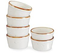 ONEMORE Lot de 6 ramequins de 118 ml pour crème brûlée, plats à soufflé en céramique mouchetée avec bord marron pour pudding, crème glacée, tasses à crème anglaise en porcelaine, blanc crème