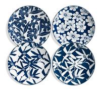 ONEMORE Service de 4 assiettes de 26,7 cm en porcelaine, assiettes à salade et dessert bleues et blanches, assiettes de service grandes résistantes aux rayures, compatibles micro-ondes et