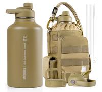 OneTigris Gourde en acier inoxydable, bouteille d'eau 2L haute capacité, bouteille de sport avec un bon effet isolant pour vélo, camping, yoga, salle de sport, airsoft, Camouflage Brun Coyote, 64OZ