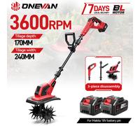 ONEVAN 2500W Cultivateur Électrique Sans Balais 3600RPM Sans Fil Portatif, Scarificateur de Sol Agricole, Débroussailleuse, Tondeuse de Jardin, Outil Électrique pour Batterie Makita 18V 2 Battery Set