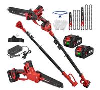 ONEVAN Élagueuse sur Perche sans Fil 4-en-1, Moteur Brushless, Tronçonneuse Télescopique 8" et 6" avec Perche de 2,5m, 700W 10M/S, Tête Pivotante à 180°, 2 Batteries 3,0Ah, Main pour Jardin et Élagage