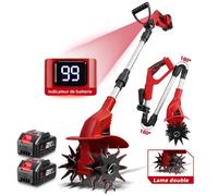 ONEVAN Motoculteur Électrique Sans Fil 21V 550W, 20cm Largeur, 15cm Profondeur, Double Rouleau, Poignée pliable, 2X 3Ah Batteries