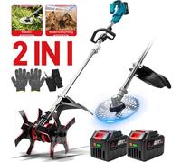 ONEVAN, tondeuse à gazon et motoculteur 2-en-1, 9 pouces, 600W, diamètre de coupe 240 mm, moteur sans balais 18000 tr/min, 2 batteries, pour jardin, parterres et pelouses