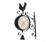 Oniissy Horloge murale double face, avec cloche et coq, horloge de jardin, horloge de gare, horloge murale vintage pour décoration de jardin