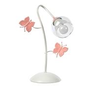 ONLI Lampe de Table en Métal avec Papillons Peints en Rose. Verre Blanc et Transparent