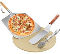 onlyfire Kit Accessoires Pizza 4 Pièces, Pierre à Pizza 38cm en Cordiérite, Pelle à Pizza Aluminium avec Manche en Bois, Roulette et Spatule Longue en INOX pour Grill, Barbecue et Four