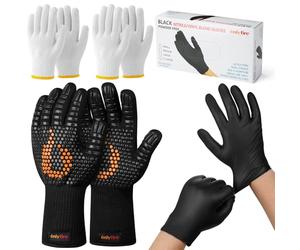 Onlyfire Kit de Gants de Barbecue 3-en-1, 1 Paire de Gants Anti-Chaleur, 100 Gants en Nitrile Noir Alimentaire et 2 Paires de Gants en Coton - Protection pour Grill, Fumage et Manipulation d'Aliments