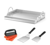Onlyfire Plaque Plancha en Inox avec Spatules et 2 Éponges de Nettoyage, 50 x32 x7 cm, Plaque de Cuisson Universelle pour Barbecue, Rectangulaire, Poignée Amovible