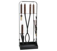 onlyfire Serviteur de Cheminée Design 5 Pièces, Accessoires de Cheminée Haut de Gamme avec Manches en Bois et Détails en Cuir, Pince 70cm, Pelle, Balayette, Soufflet et Support de Rangement