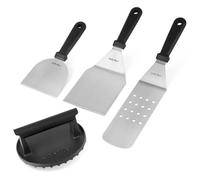 onlyfire Set de Accessoires Plancha, Contient Presse à Burger en Fonte, Longue Spatule Perforée et 2 Spatules, Kit Ustensiles Plancha pour Plaque de Barbecue, Teppanyaki, Camping, 4 Pièces