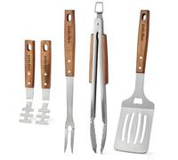 onlyfire Set D'ustensiles de Barbecue 5 Pièces, Inclure Pince à Barbecue, Spatule, Fourchette à Barbecue et 2 Lève-Grille, avec Poignées en Bois et œillets de Suspension, Accessoires de Barbecue