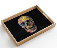 OnlyWow© Plateau De Service Rectangulaire 50x35 cm Plateaux Repas Bois Decoratif Table Dejeuner Résistant à La Chaleur Cafe Chene Poignée Coups pinceau - Crâne - Coloré - Abstrait