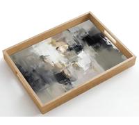 OnlyWow© Plateau De Service Rectangulaire 50x35 cm Plateaux Repas Bois Decoratif Table Dejeuner Résistant à La Chaleur Cafe Chene Poignée Palette couleurs - Coups Pinceau - Beige - Brumeux