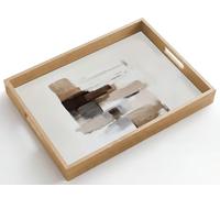 OnlyWow© Plateau De Service Rectangulaire 50x35 cm Plateaux Repas Bois Decoratif Table Dejeuner Résistant à La Chaleur Cafe Chene Poignée Coups pinceau - Équilibre - Beige - Marron