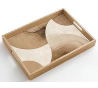 OnlyWow© Plateau De Table Rectangulaire 50x35 cm Plateaux Service Repas Bois Decoratif Antidérapant Cafe Deco Chene Poignée Déjeuner Rétro - Couches géométriques - Tons terre