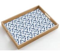 OnlyWow© Plateau De Table Rectangulaire 50x35 cm Plateaux Service Repas Bois Decoratif Antidérapant Cafe Deco Chene Poignée Déjeuner Diamant - Motif - Bleu - Blanc