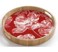 OnlyWow© Plateau De Table Rond 40x40 cm Plateaux Service Repas Bois Decoratif Dejeuner Antidérapant Cafe Deco Chene Avec Poignée Déjeuner Fleurs - Motif - Rouge - Blanc
