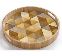 OnlyWow© Plateau De Table Rond 40x40 cm Plateaux Service Repas Bois Decoratif Dejeuner Antidérapant Cafe Deco Chene Avec Poignée Déjeuner Géométrique - Triangle - Or