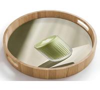 OnlyWow© Plateau De Table Rond 40x40 cm Plateaux Service Repas Bois Decoratif Dejeuner Antidérapant Cafe Deco Chene Avec Poignée Déjeuner Matcha - Verre - Vert - Minimaliste