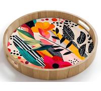 OnlyWow© Plateau De Table Rond 40x40 cm Plateaux Service Repas Bois Decoratif Dejeuner Antidérapant Cafe Deco Chene Avec Poignée Déjeuner Fleurs - Feuilles - Abstrait - Coloré
